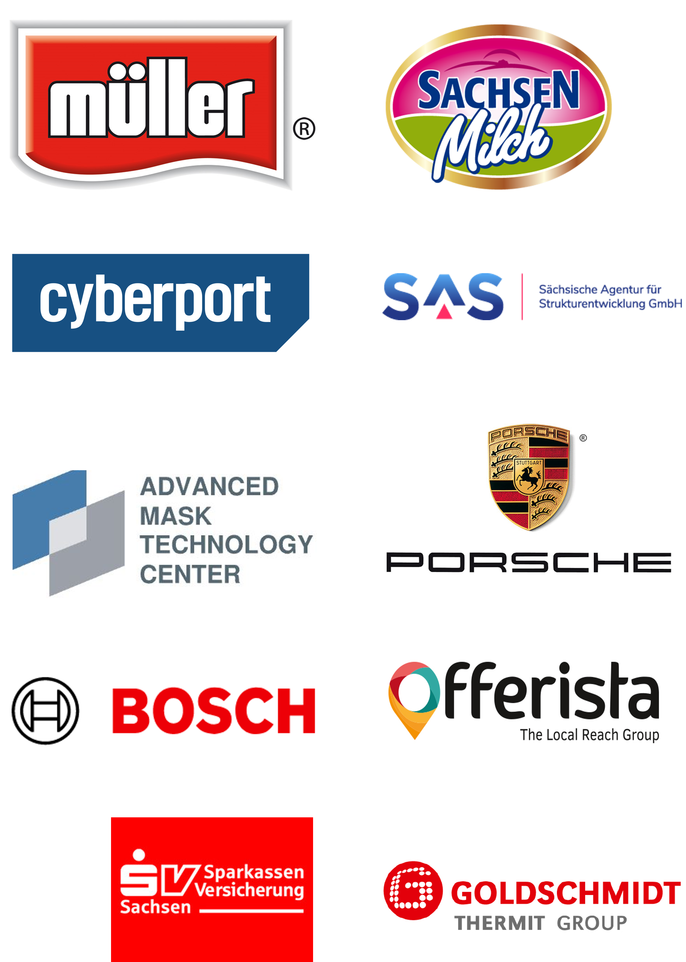 Referenzen von KindlerCoaching: Müller, Sachsen Milch, Cyberport, SAS, Advanced Mask Technology Center, Porsche, Bosch, Offerista, Sparkassen Versicherung Sachsen, Goldschmidt Thermit Group